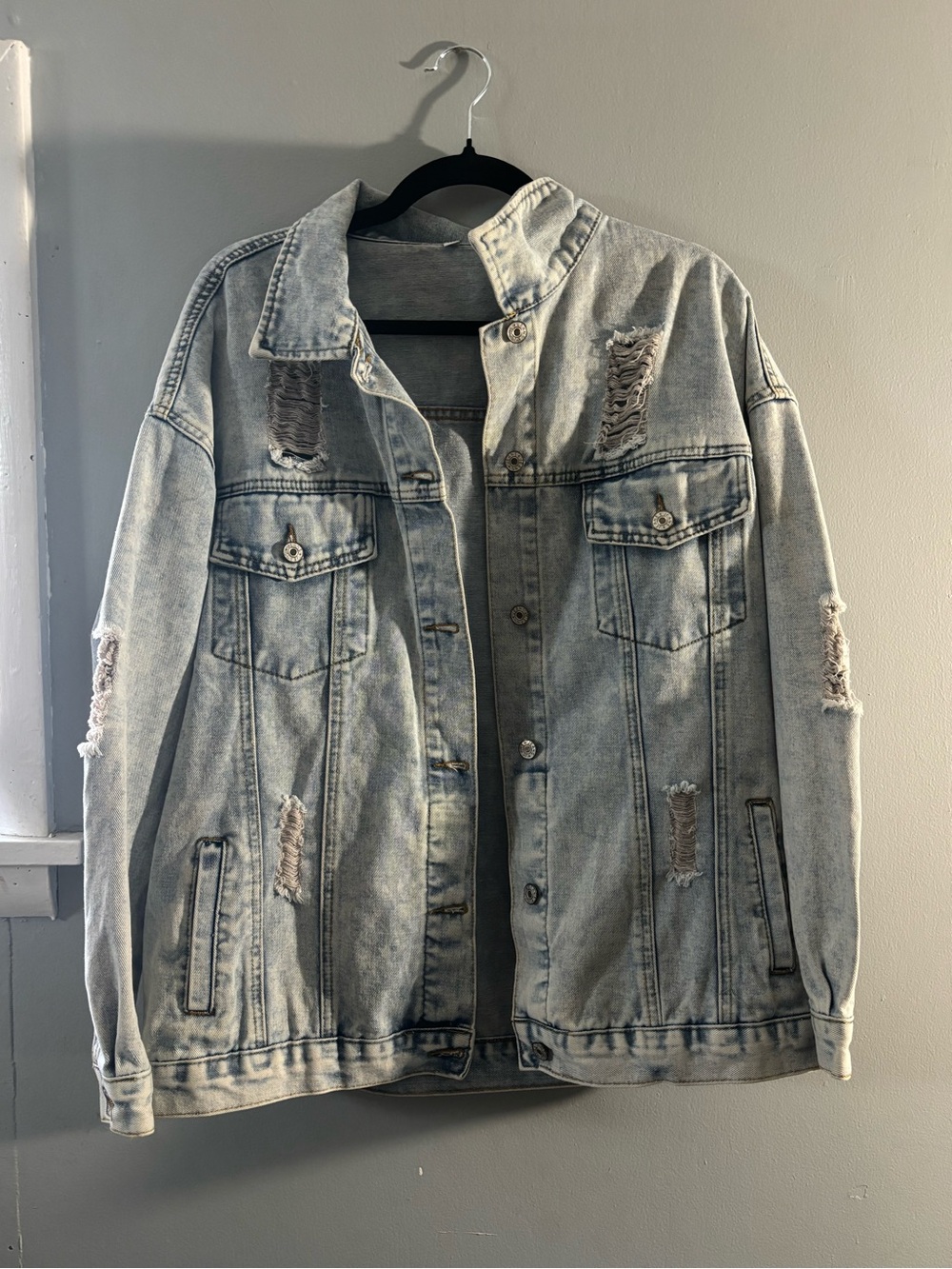 Distressed Light Gray-Blue Denim Jacket